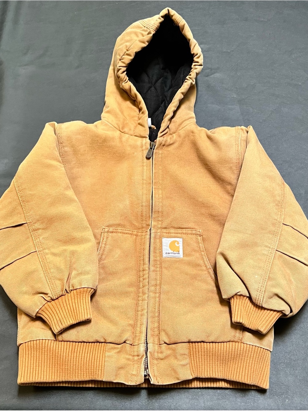 Carhartt Boys Sz 4-5 XXX Brown Jacket Cotton Duck Canvas Hooded Quilted Liner